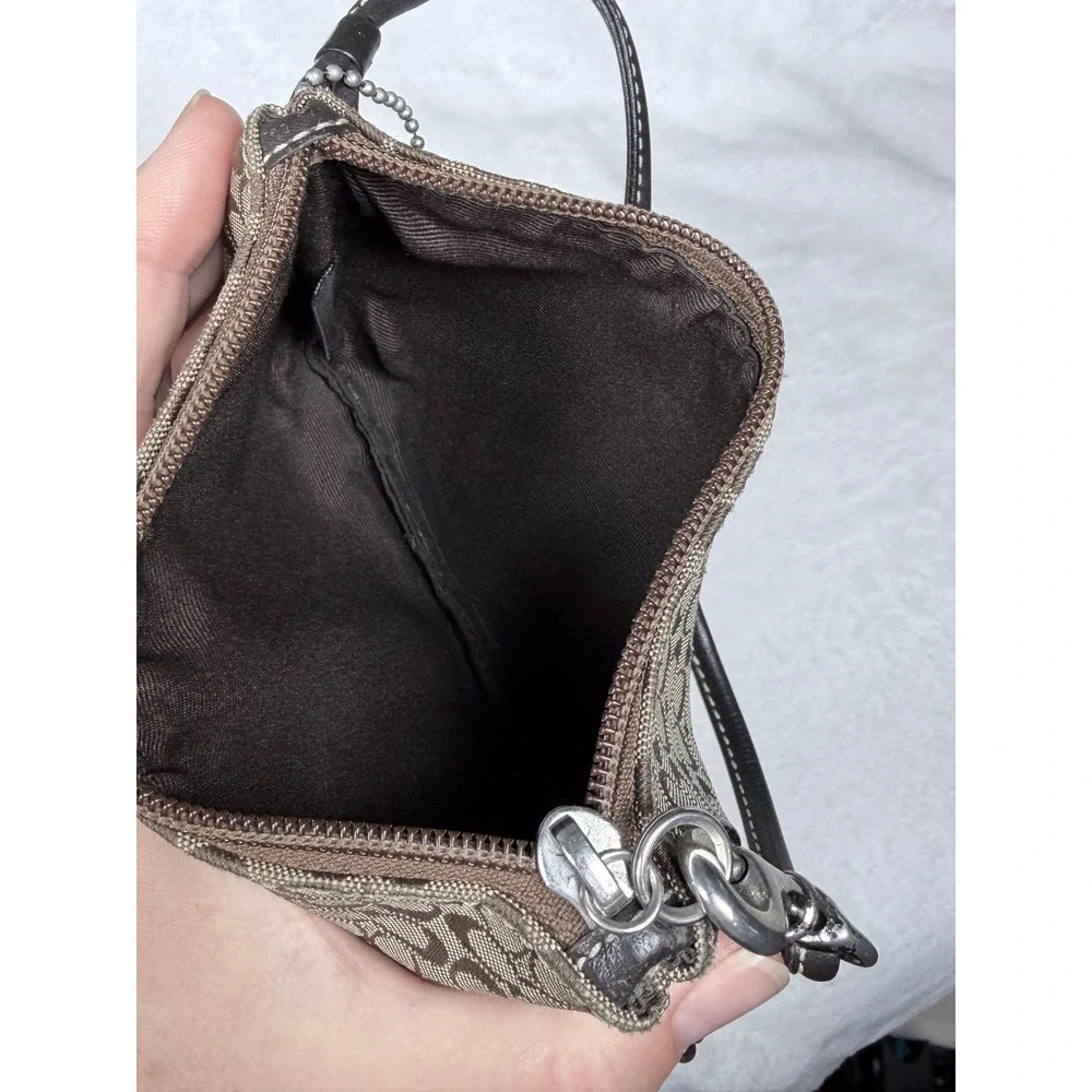 Coach Women Signature Monogram Wristlet Small Brown Black Leather Trim Pouch Bag